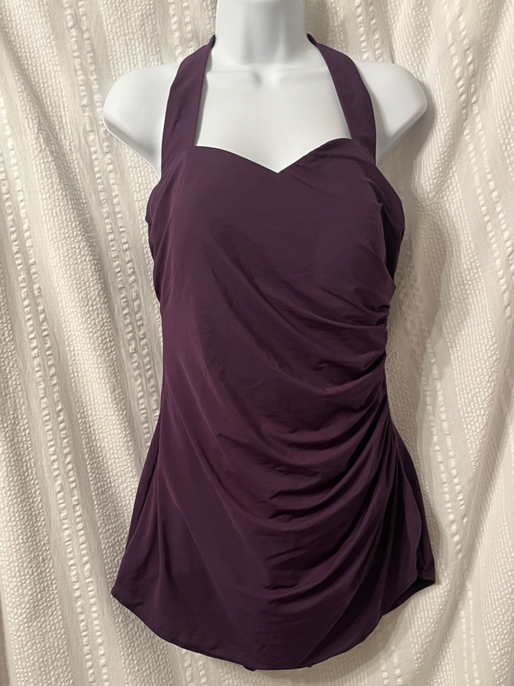 New Lands' End Plum purple  One-Piece Swimsuit with rushing 14L. 14 long